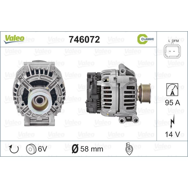 Слика на Алтернатор VALEO REMANUFACTURED CLASSIC 746072 за Renault Megane 1 Cabriolet (EA0-1) 1.6 16V (EA0B, EA04, EA11) - 107 коњи бензин