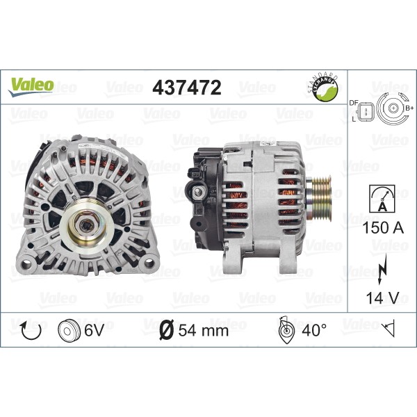 Слика на Алтернатор VALEO REMANUFACTURED PREMIUM 437472 за Citroen C5 RC Hatchback 2.2 HDi (RC4HXE) - 133 коњи дизел