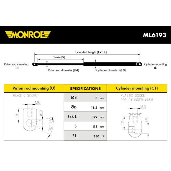 Слика на амортизер, хауба MONROE ML6193 за Audi A6 Sedan (4G2, C7) 3.0 TFSI quattro - 310 коњи бензин