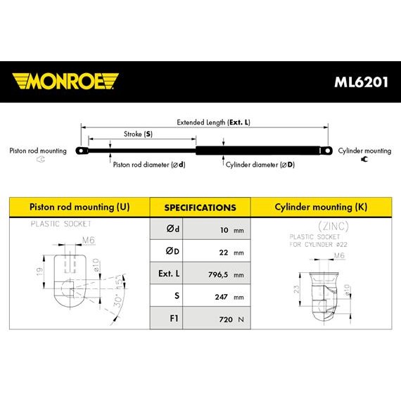 Слика на Амортизер за багажник MONROE ML6201 за Fiat Doblo Cargo Platform 263 1.4 - 95 коњи бензин