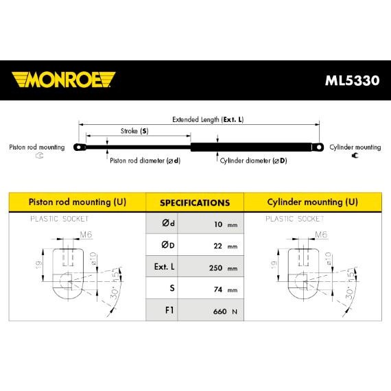 Слика на Амортизер за хауба MONROE ML5330 за Ford Mondeo 3 Saloon (B4Y) 3.0 V6 24V - 204 коњи бензин