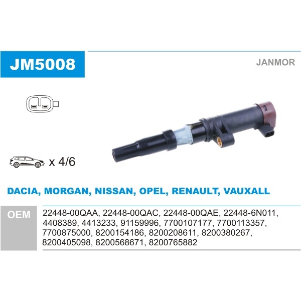 Слика на Бобина JANMOR JM5008 за Renault Megane 2 Hatchback 1.4 16V (BM0B, CM0B) - 98 коњи бензин
