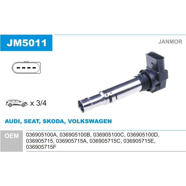 Слика на Бобина JANMOR JM5011 за VW Polo 5 (6R) 1.4 - 85 коњи бензин