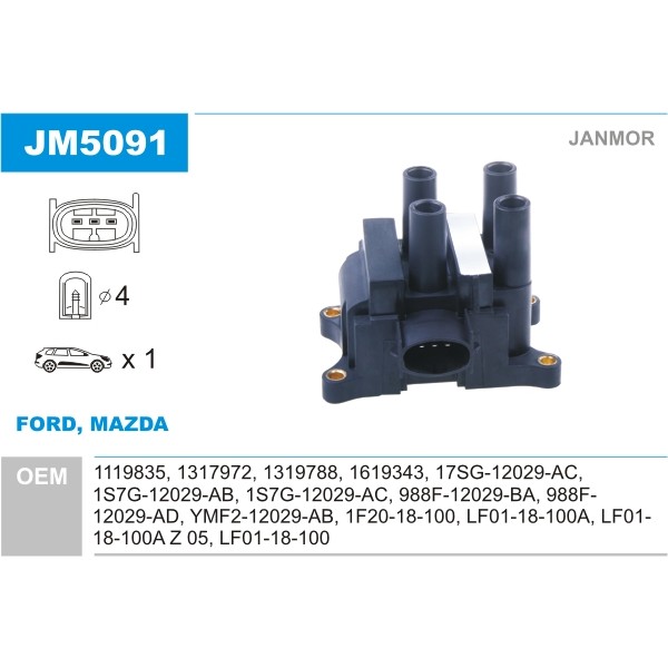 Слика на Бобина JANMOR JM5091 за Ford Fiesta 4 (ja,jb) 1.0 i - 52 коњи бензин