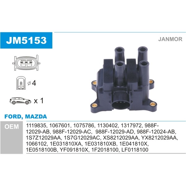 Слика на Бобина JANMOR JM5153 за Ford Fiesta 4 (ja,jb) 1.25 i 16V - 75 коњи бензин