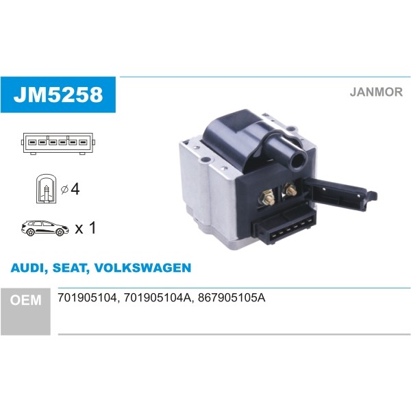 Слика на Бобина JANMOR JM5258 за VW Polo 3 Classic (6kv2) 64 1,9 D - 64 коњи дизел