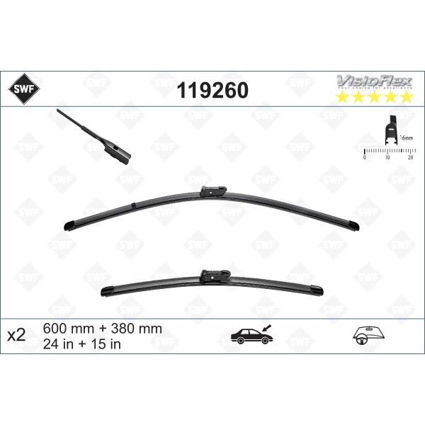 Слика на брисачи SWF ORIGINAL VISIOFLEX SET 119260 за VW Polo 5 (6R) 1.2 TSI 16V - 90 коњи бензин