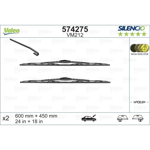 Слика на брисачи VALEO SILENCIO CONVENTIONAL SET 574275 за Citroen C3 FC Hatchback 1.4 i Bivalent - 73 коњи Бензин/Метан (CNG)