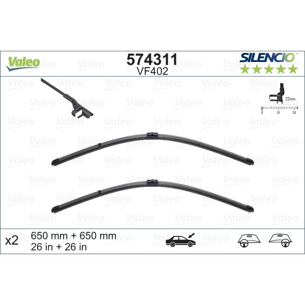 Слика на брисачи VALEO SILENCIO FLAT BLADE SET 574311 за Mercedes E-class Estate (s211) E 55 T AMG Kompressor (211.276) - 476 коњи бензин