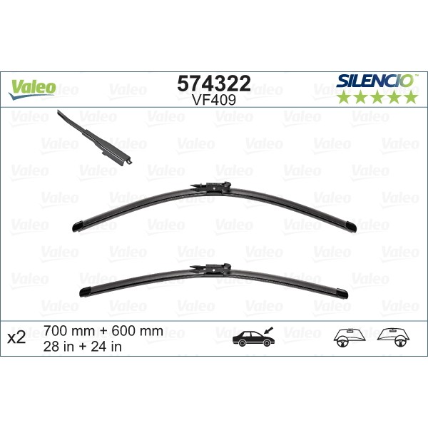 Слика на брисачи VALEO SILENCIO FLAT BLADE SET 574322 за Peugeot 307 CC (3B) 2.0 16V - 140 коњи бензин