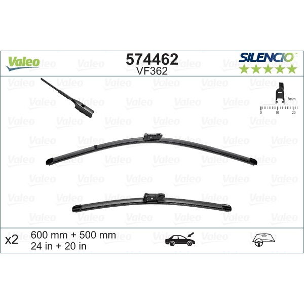 Слика на брисачи VALEO SILENCIO FLAT BLADE SET 574462 за Audi A4 Sedan (8K2, B8) 2.0 TFSi - 211 коњи бензин