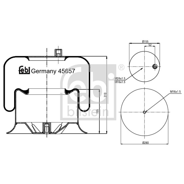 Слика на буфер, воздушна амортизациа FEBI BILSTEIN 45657 за камион Mercedes Actros MP2, MP3 2532, L, LL - 131 коњи бензин