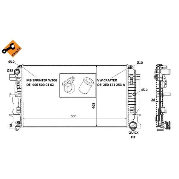 Слика на Воден радиатор (ладник) NRF EASY FIT 53885 за Mercedes Sprinter 3-t Box (906) 216 (906.613) - 156 коњи бензин