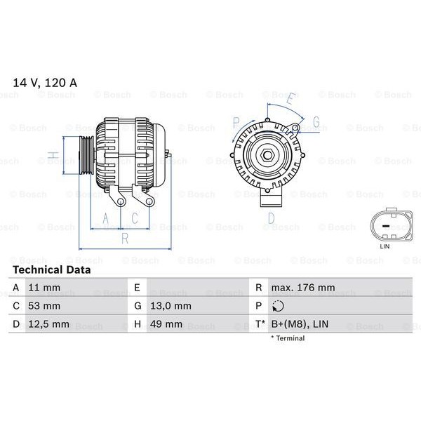 Слика на Генератор BOSCH 0 986 082 220 за Ford Focus 3 Turnier 1.6 LPG - 117 коњи Бензин/Автогаз (LPG)