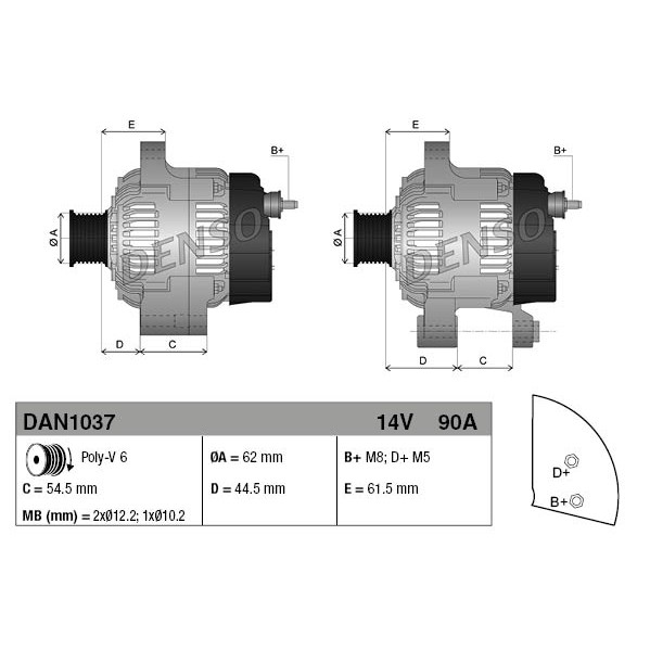 Слика на Генератор DENSO DAN1037 за Alfa Romeo 156 (932) Sedan 1.8 16V T.SPARK (932A3) - 144 коњи бензин