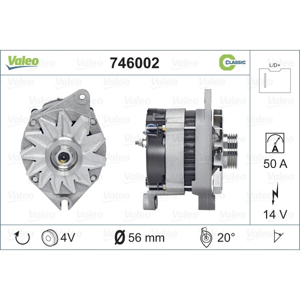 Слика на Генератор VALEO REMANUFACTURED CLASSIC 746002 за Peugeot J5 Platform (290L) 1.9 D - 70 коњи дизел