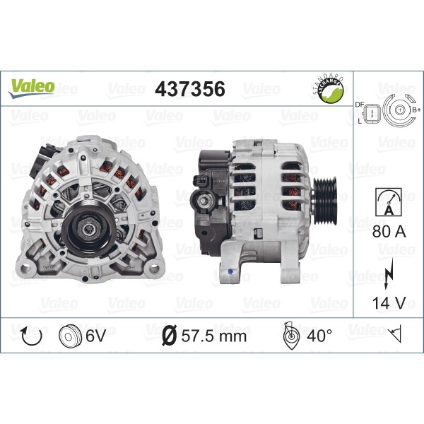 Слика на Генератор VALEO REMANUFACTURED PREMIUM 437356 за Citroen C8 EA,EB 2.0 16V - 140 коњи бензин