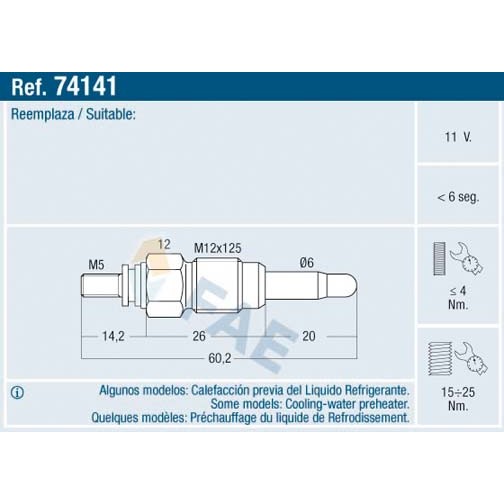 Слика на греач (свеќица) FAE 74141 за Audi 100 Sedan (44, 44Q, C3) 2.0 D Turbo - 100 коњи дизел