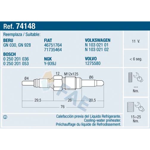 Слика на греач (свеќица) FAE 74148 за VW Jetta 4 Estate (1J6) 1.9 TDI - 110 коњи дизел