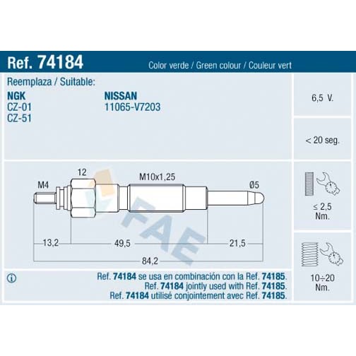 Слика на греач (свеќица) FAE 74184 за Nissan Patrol (Y61,GR,GU) 2.8 TD - 129 коњи дизел