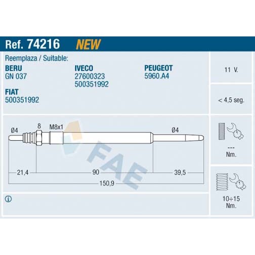 Слика на греач (свеќица) FAE 74216 за Fiat Ducato Platform 250 160 Multijet 3,0 D - 158 коњи дизел