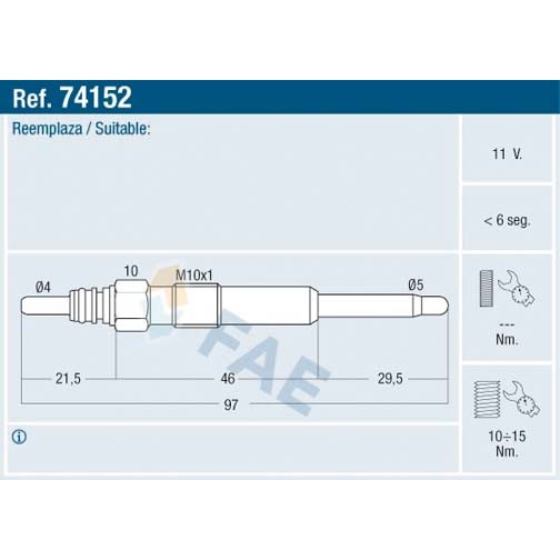 Слика на Греач свеќица FAE 74152 за Rover 45 Hatchback (RT) 2.0 iDT - 101 коњи дизел