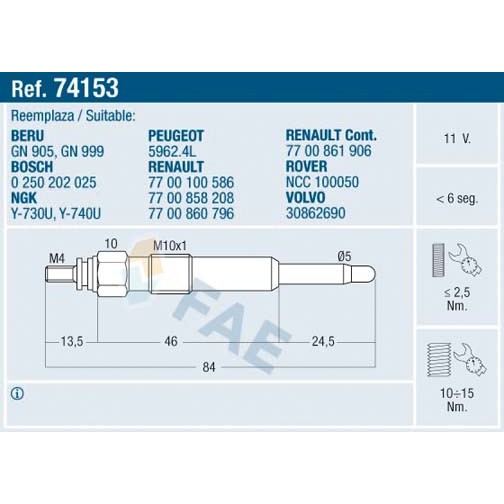 Слика на Греач свеќица FAE 74153 за Rover 200 (RF) 220 D/SD - 86 коњи дизел