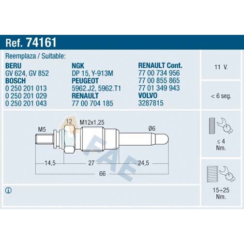 Слика на Греач свеќица FAE 74161 за Renault 21 Savanna 2.1 D (K480) - 69 коњи дизел