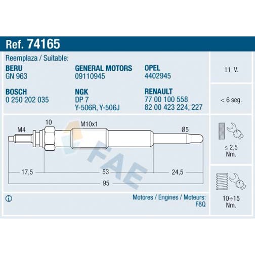 Слика на Греач свеќица FAE 74165 за Renault Clio 2 Box 1.9 D (SB0E) - 64 коњи дизел