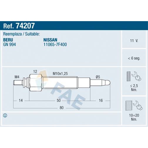 Слика на Греач свеќица FAE 74207 за Nissan Pick up (D21) 2.7 TD 4WD - 99 коњи дизел