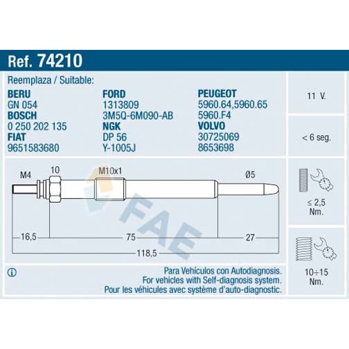 Слика на Греач свеќица FAE 74210 за Citroen Jumper BOX 244 2.2 HDi - 101 коњи дизел