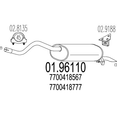 Слика на Заден издувен лонец MTS 01.96110 за Renault Clio 2 1.2 16V (BB05, BB0W, BB11, BB27, BB2T, BB2U, BB2V, CB05...) - 75 коњи бензин