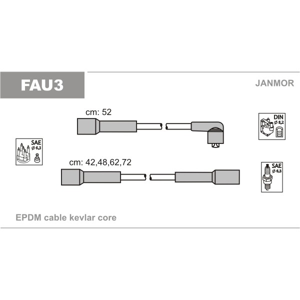 Слика на кабли за свеќици - комплет сет кабли JANMOR FAU3 за Lancia Y10 (156) 1.0 Fire (156C) - 56 коњи бензин