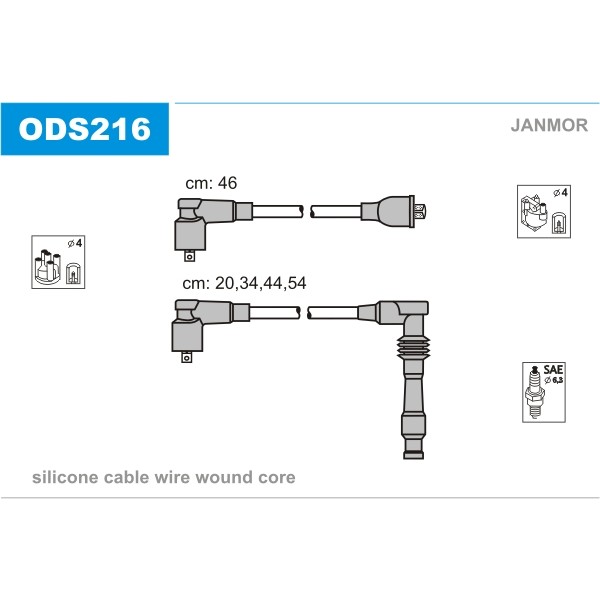 Слика на кабли за свеќици - комплет сет кабли JANMOR ODS216 за Opel Calibra A 2.0 i 16V 4x4 - 150 коњи бензин