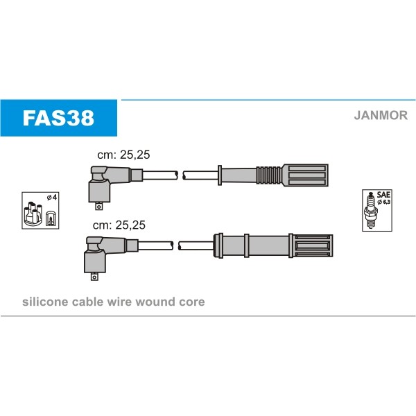 Слика на комплет кабли за свеќици JANMOR FAS38 за Fiat Panda 169 1.4 Natural Power - 69 коњи Бензин/Метан (CNG)