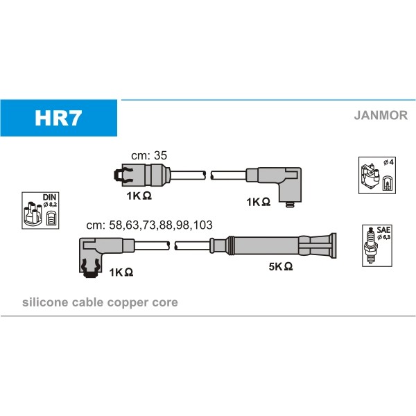 Слика на комплет кабли за свеќици JANMOR HR7 за BMW 5 Sedan (E28) 528 i - 184 коњи бензин