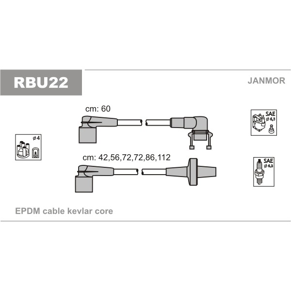 Слика на комплет кабли за свеќици JANMOR RBU22 за Renault 25 (B29) 2.4 V6 Turbo (B295) - 181 коњи бензин