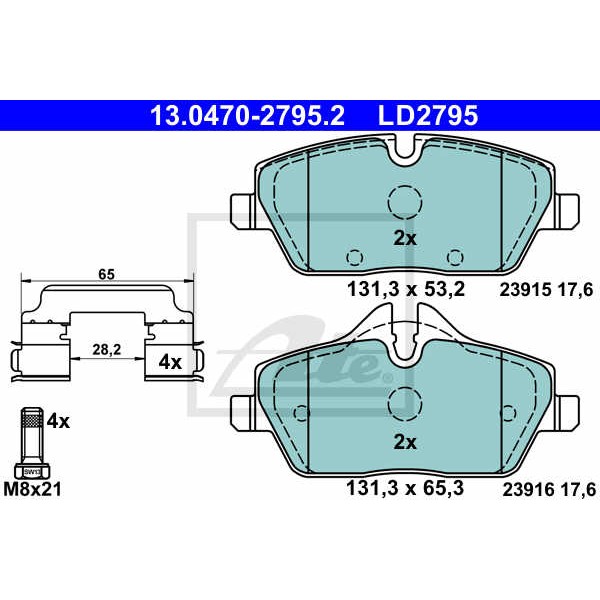 Слика на комплет феродо, дискови кочници ATE Ceramic 13.0470-2795.2 за Mini Clubman (F54) One - 102 коњи бензин