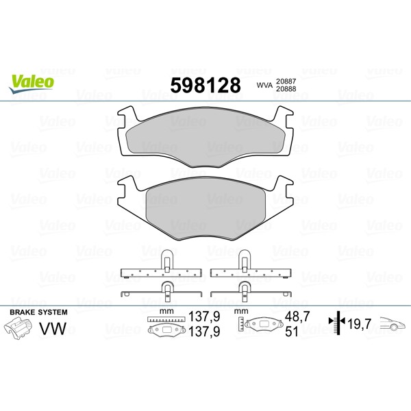 Слика на комплет феродо, дискови кочници VALEO 598128 за VW Golf 3 (1H1) 1.8 - 90 коњи бензин