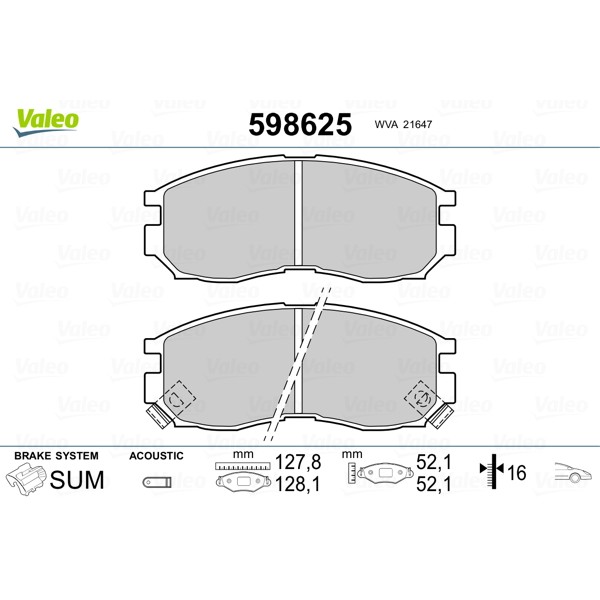 Слика на комплет феродо, дискови кочници VALEO 598625 за Mitsubishi Chariot (N3 W,N4 W) 1.8  (N31W) - 122 коњи бензин