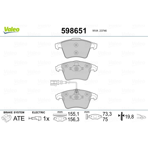 Слика на комплет феродо, дискови кочници VALEO 598651 за VW Transporter 6 Bus (SGB, SGG, SGJ) 2.0 TDI - 204 коњи дизел