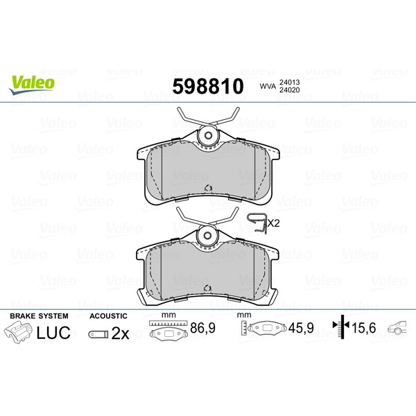 Слика на комплет феродо, дискови кочници VALEO 598810 за Toyota Avensis Liftback (T22) 1.6 VVT-i - 110 коњи бензин