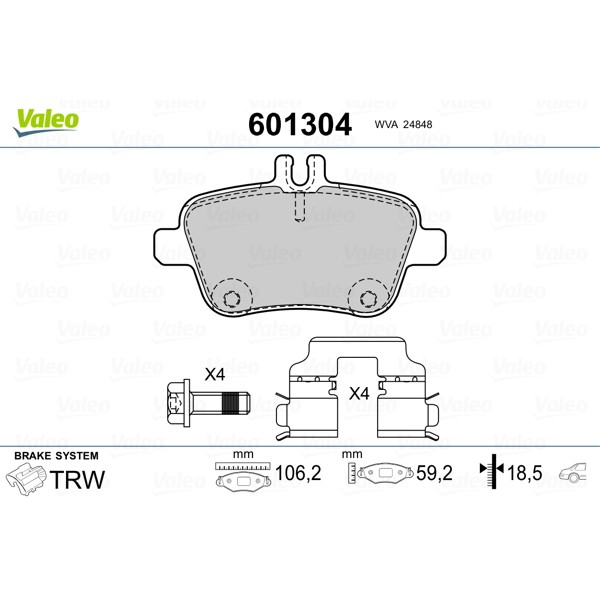 Слика на комплет феродо, дискови кочници VALEO 601304 за Mercedes GLA-class (x156) GLA 180 (156.942) - 122 коњи бензин