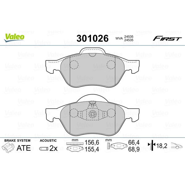 Слика на комплет феродо, дискови кочници VALEO FIRST 301026 за Renault Megane 2 Hatchback 1.6 16V (BM0C, CM0C) - 113 коњи бензин