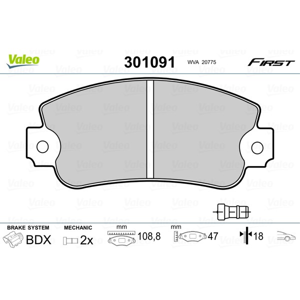 Слика на комплет феродо, дискови кочници VALEO FIRST 301091 за Seat Marbella Box (028A) 0.9 - 40 коњи бензин