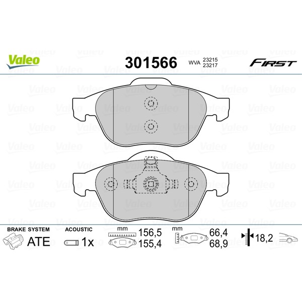 Слика на комплет феродо, дискови кочници VALEO FIRST 301566 за Renault Laguna 2 Grandtour (KG0-1) 1.6 16V - 112 коњи бензин