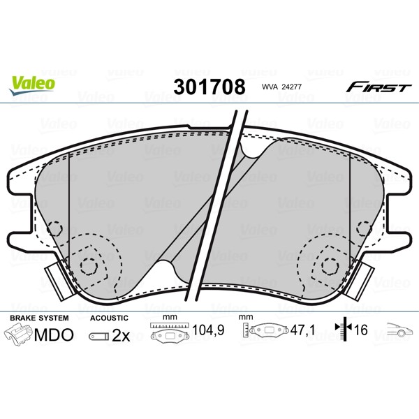 Слика на комплет феродо, дискови кочници VALEO FIRST 301708 за Hyundai Atos (MX) 1.0 i - 58 коњи бензин