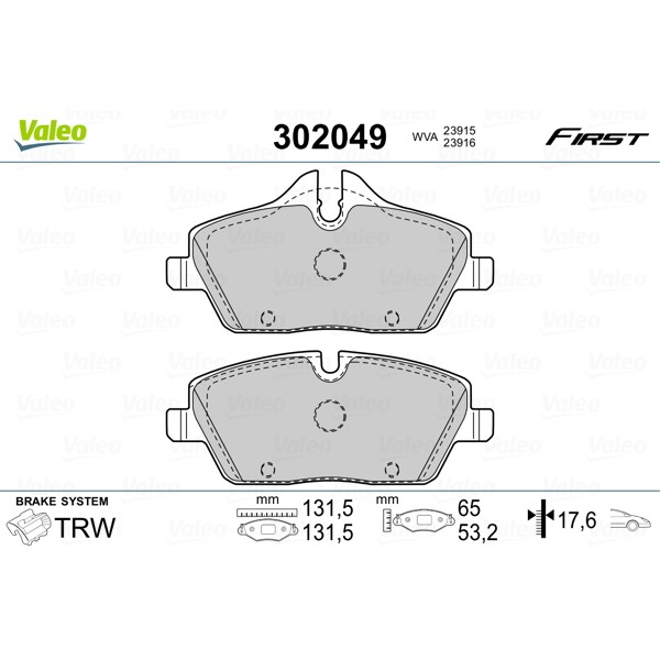 Слика на комплет феродо, дискови кочници VALEO FIRST 302049 за Mini Roadster (R59) Cooper SD - 136 коњи дизел