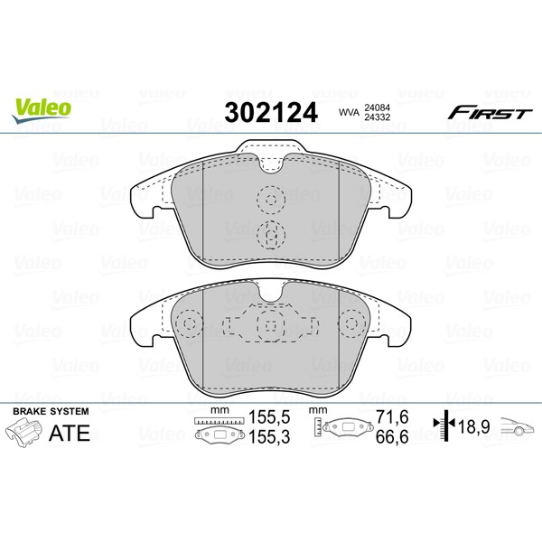 Слика на комплет феродо, дискови кочници VALEO FIRST 302124 за Peugeot 407 SW 2.0 HDi 135 - 136 коњи дизел