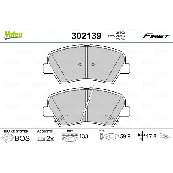 Слика на комплет феродо, дискови кочници VALEO FIRST 302139 за Kia Cee'd Sportswagon 1.4 MPi - 101 коњи бензин